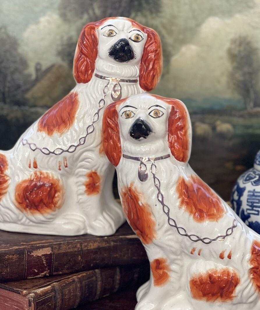 🎄🎄🎄 Stunning Antique Russet English Staffordshire Spaniel Mantle Dog Pair 7”
