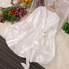 Lady Satin Midi Dress Puff Sleeve Ruffle High Waist Evening Party Cocktail Tops