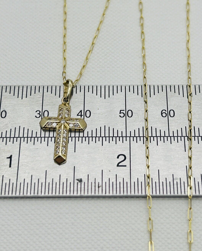 9ct Real Yellow Gold Small Simulated Diamond Cross Pendant Necklace 18 Inch - Picture 5 of 7