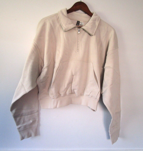 Divided Crop Top Sweatshirt Women's Lg Long Sleeve 3/4 Zip Collar Beige NEW