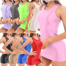 Women Glossy Smooth Bodycon Dress Sleeveless U Neck Tank Dresses Party Clubwear