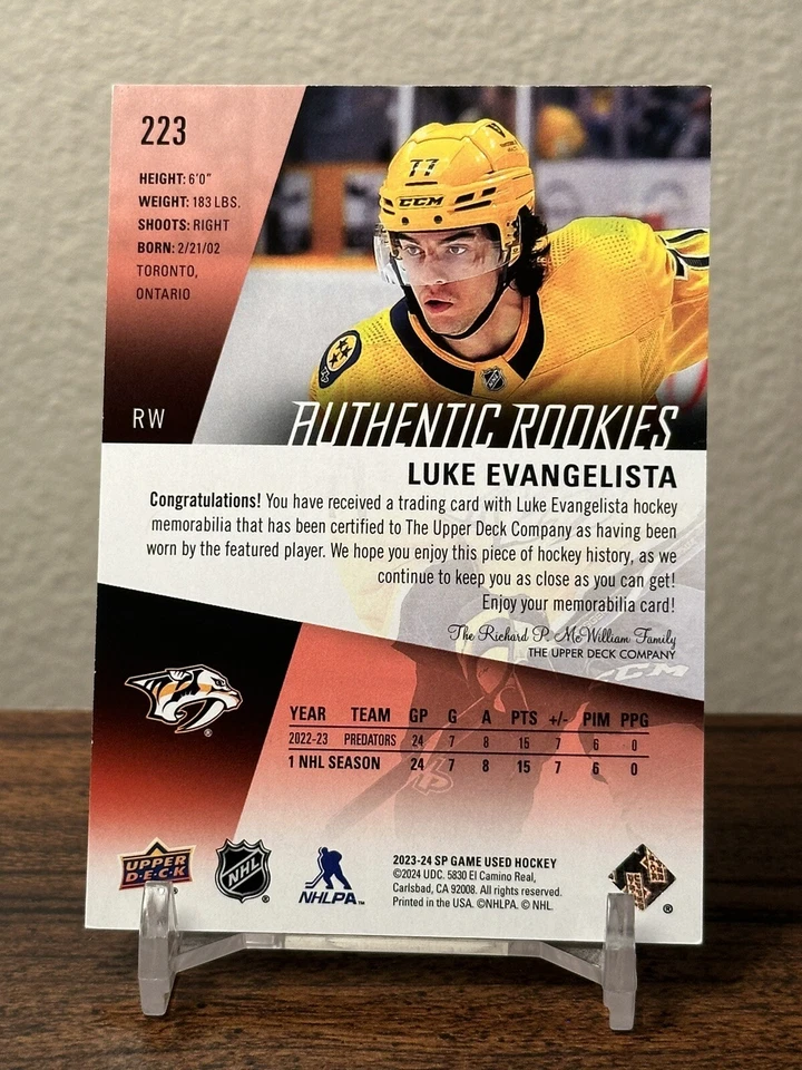 Luke Evangelista 2023-24 Upper Deck SP Game Used Authentic Rookies Jersey RC 223 - Image 2 of 2