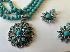Turquoise Layered Flower Torsade Necklace and Earrings Set