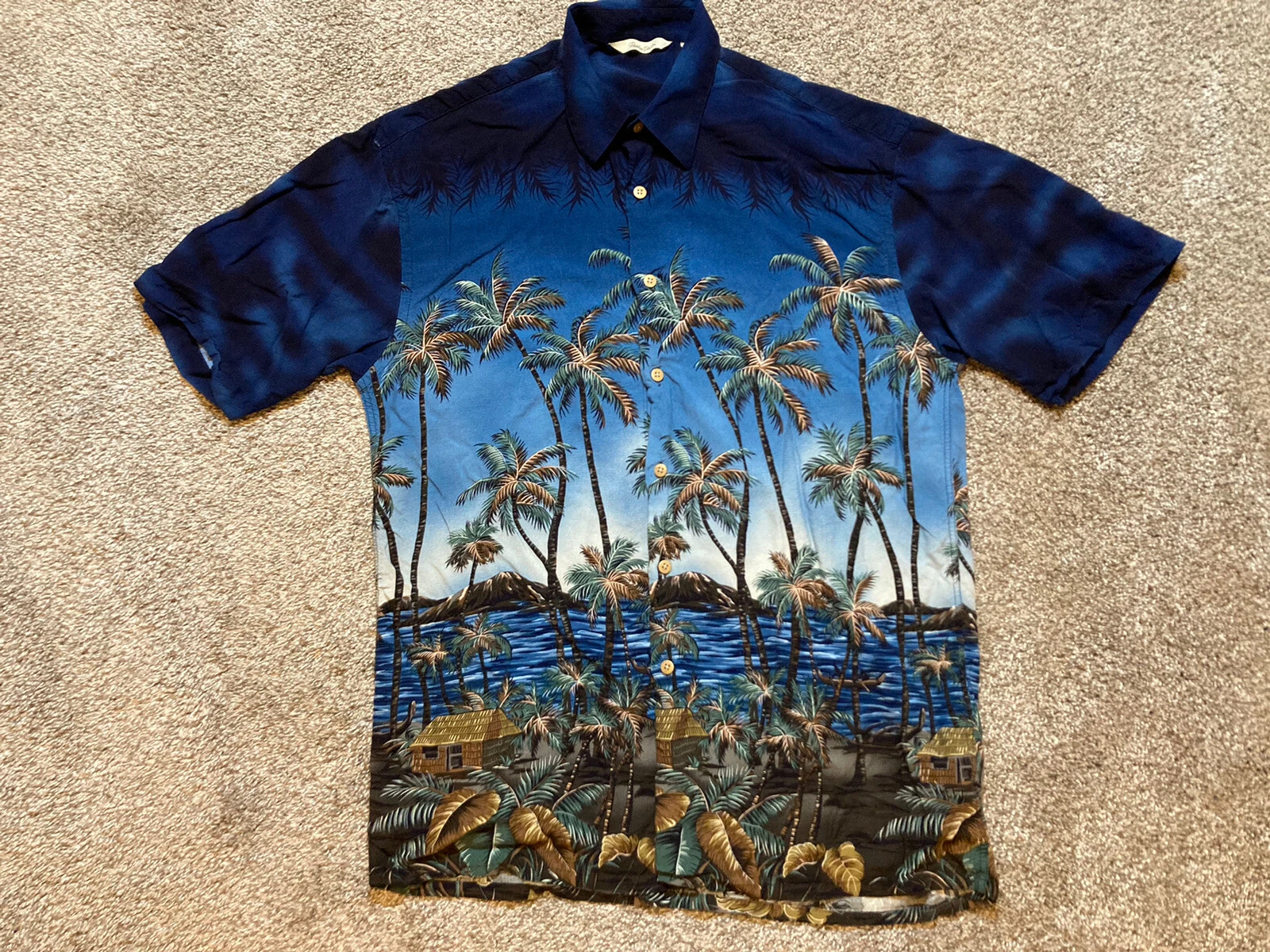Paradise Collection Hawaiian Shirt Men Medium Dark Blue Tropical Scene Button Up