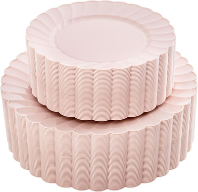 100PCS Pink Scalloped Plastic Plates - Heavy Duty Pink Disposable Fancy Hard Pla