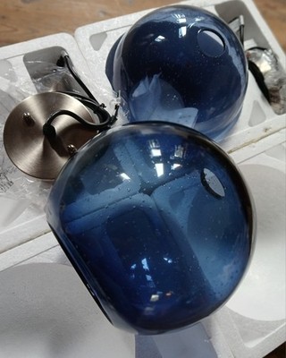 2 Capri Blue AriaMotion Handblown Seeded Glass Pendants Coastal Kitchen NOS