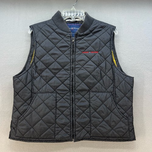 VTG Tommy Hilfiger Quilted Vest Women"s Size XL Black With Yellow Plaid Lining - Picture 1 of 13