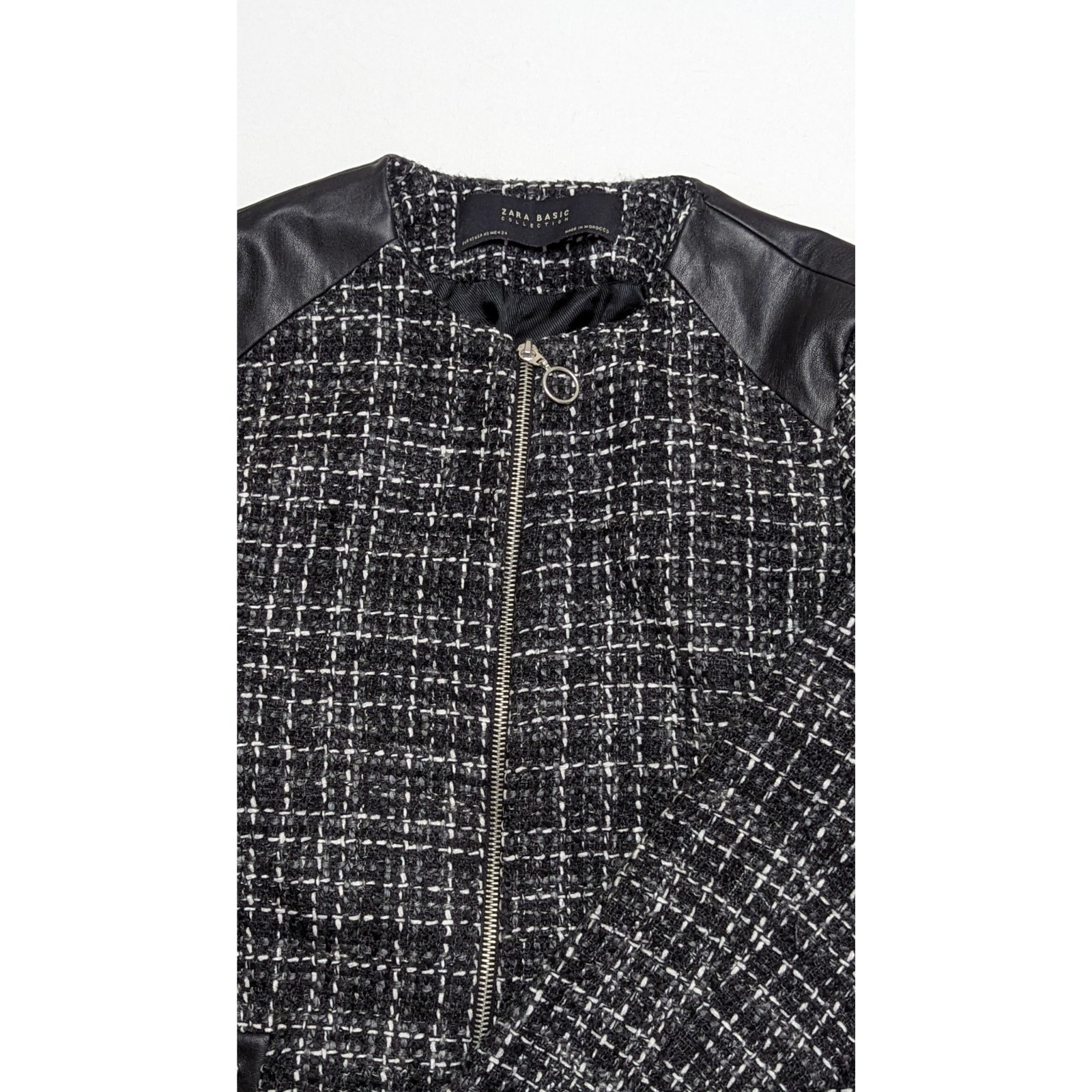 ZARA Studded Faux Leather Frayed Tweed Jacket Women's Size XS