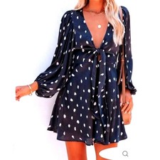 Luxxel ~ Abstract Dot Balloon Sleeve/Front Tie/Mini Dress ~ Navy & White~Medium
