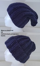 New Slouch / Beanie Hat - Navy Blue - Mistaken Rib Pattern - Handmade Hand Knit