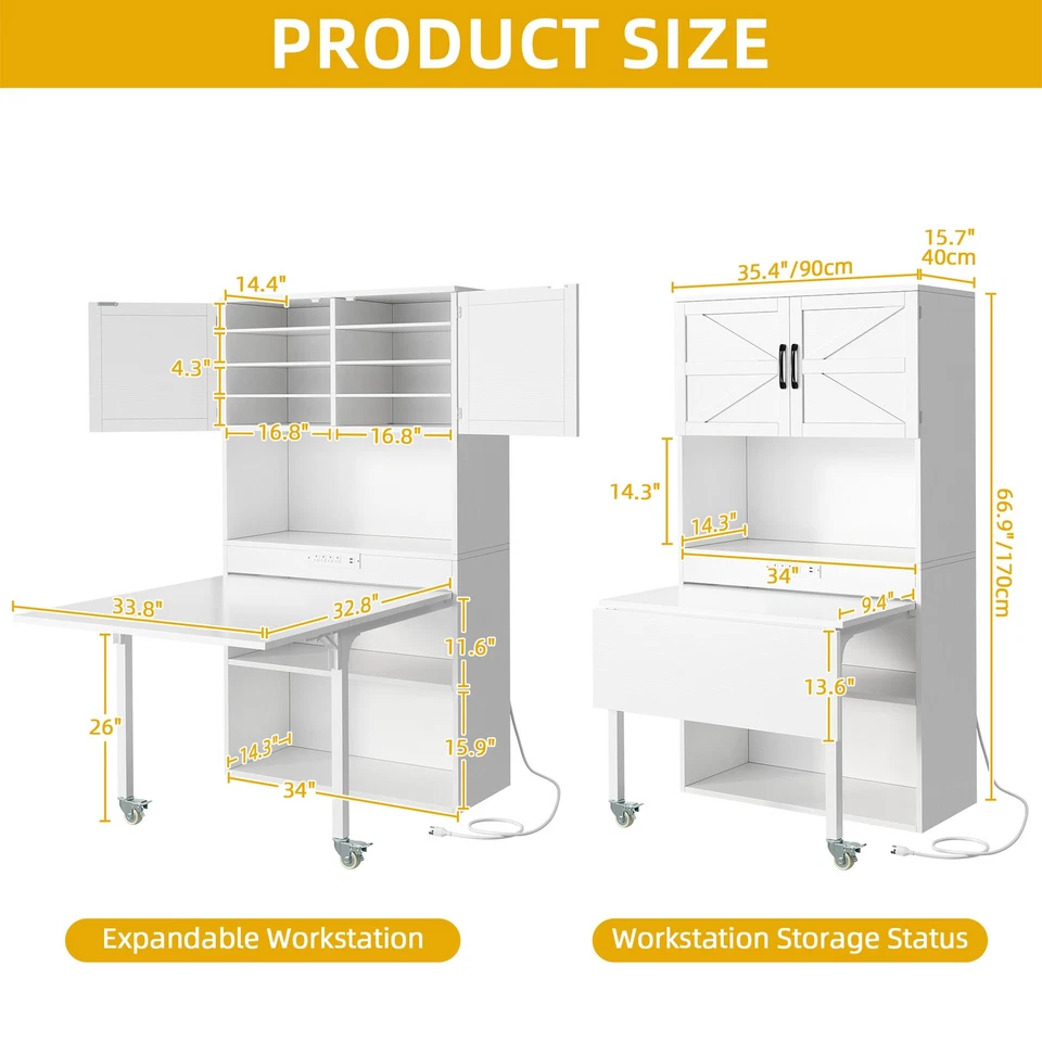 Mesa artesanal de costura con armario artesanal de almacenamiento mesa desplegable y tomas de corriente USB Foto 2 de 4