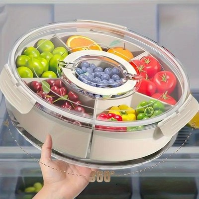 Divided Rotating Snack Tray with Lid Handle Portable Charcuterie Fruit Veggi Box
