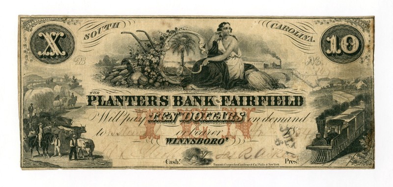 1854 $10 The Planters Bank of Fairfield - Winnsboro', SOUTH CAROLINA Note