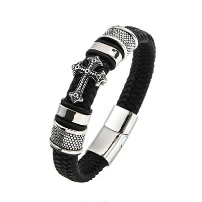 Bracelet Croix Géométrique avec Cuir Couché et Corde Tissée Main pour Homme - Photo 1/4
