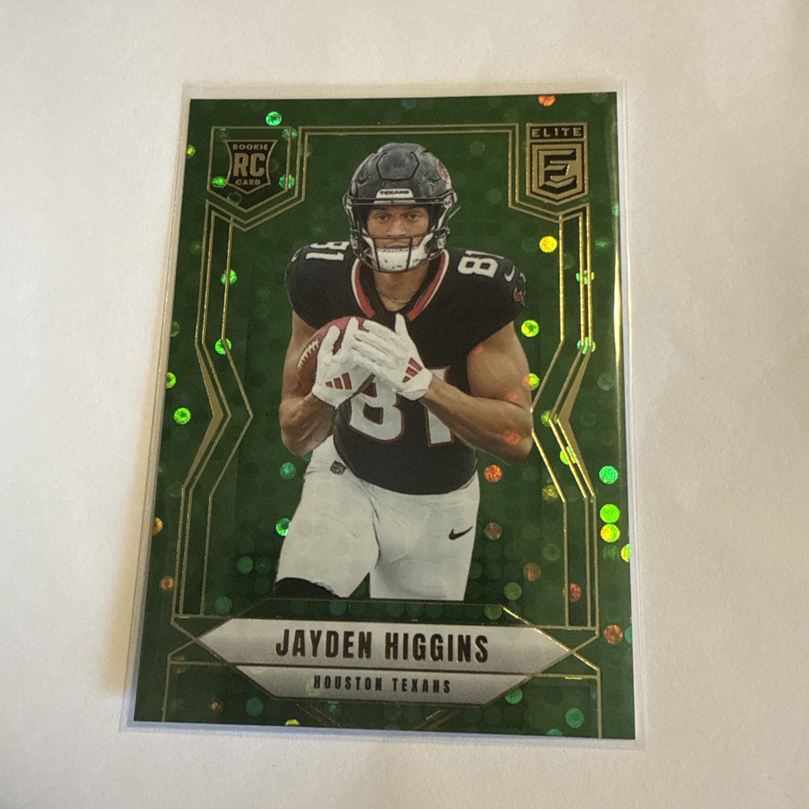 2025 Panini Donruss Elite Jayden Higgins Green Disco Rookie #134 Texans