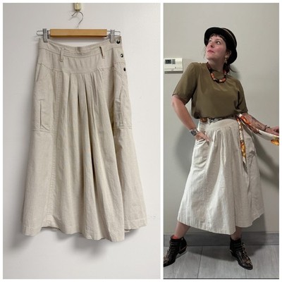 Vintage Chaus Linen Blend Khaki Tan Cream Full Pleated Safari Midi Skirt