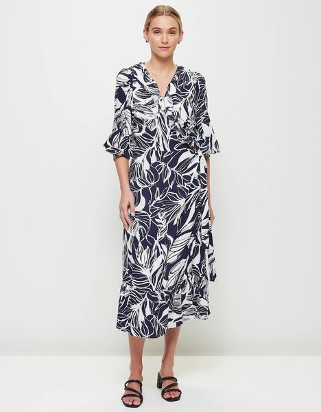Preview Womens Navy White Midi Maxi Wrap Dress 14 long sleeve ruffles