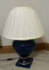 Blue & Gold Glossy Ceramic Table Lamp with Empire Shade, Corded Switch
