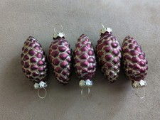 5 Maroon Pine Cone Gold Glittered Blown Glass Christmas Ornaments 2.5 " Tall