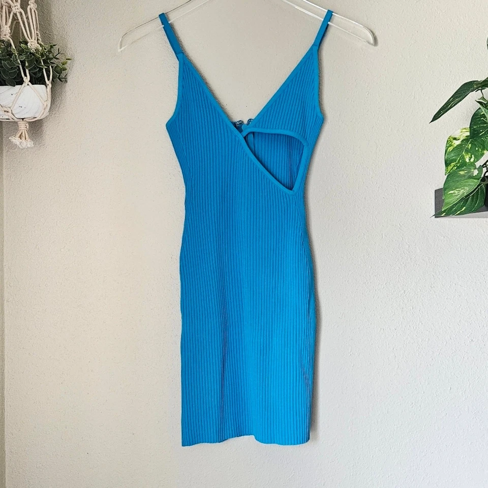 DAVID KOMA For Mini Dress in Blue Ribbed Size Small Cutout Detail Tank Dress - Image 2 of 4