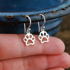 Silver Paw Print Drop Pendant Earrings Dainty Dangle Pet Dog Cat Charm Lightwght