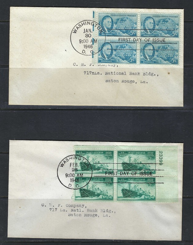US FDC(6) 1946 #933, 939-943 No cachet-2 Artmaster-4 Blk 4 (3) Plate Blk 4 (3)