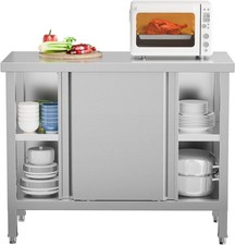 Stainless Steel Prep Work Table with 2-Tier Cabinet 2 Sliding Doors Silver