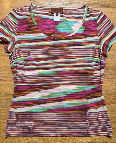 Missoni, Missoni Vintage Short Sleeve Silk Top XS S Made In Italy Multicolor Sheer