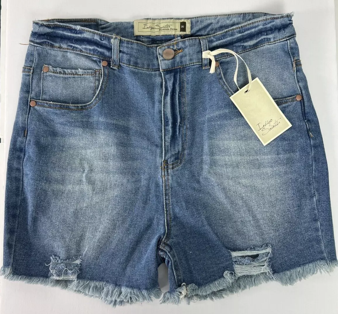 Indigo Saints Womens Shorts Size 10 / W 30 Hi Rise Frayed Premium Denim Blue D26