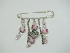 Beautiful Brooch Pin Silver Tone Safety Pink Pink Bead Dangles 3 x 3" NICE