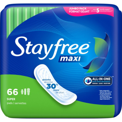 Stayfree Maxi Super Pads Wingless, Unscented, 66 Ct, Absorbs 30% More, Multi-Fl