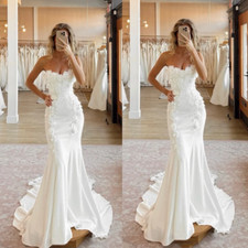 Satin Mermaid Wedding Dresses Strapless Sweep Train 3D Lace Flowers Bridal Gown