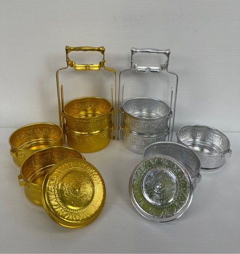 Vintage Thai Chor Kanok Design Gold Aluminium Pinto Silver Food Carrier 14 cm - Picture 37 of 40
