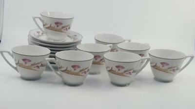 8-Vntg Circa 1949 Noritake Nippon Toki Kaisha Footed Cup & Saucer Pink Floral 