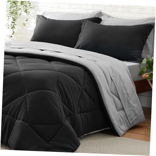 Comforter Set 7 Pieces Bed in A Bag - Soft Microfiber Queen Black/Grey-image