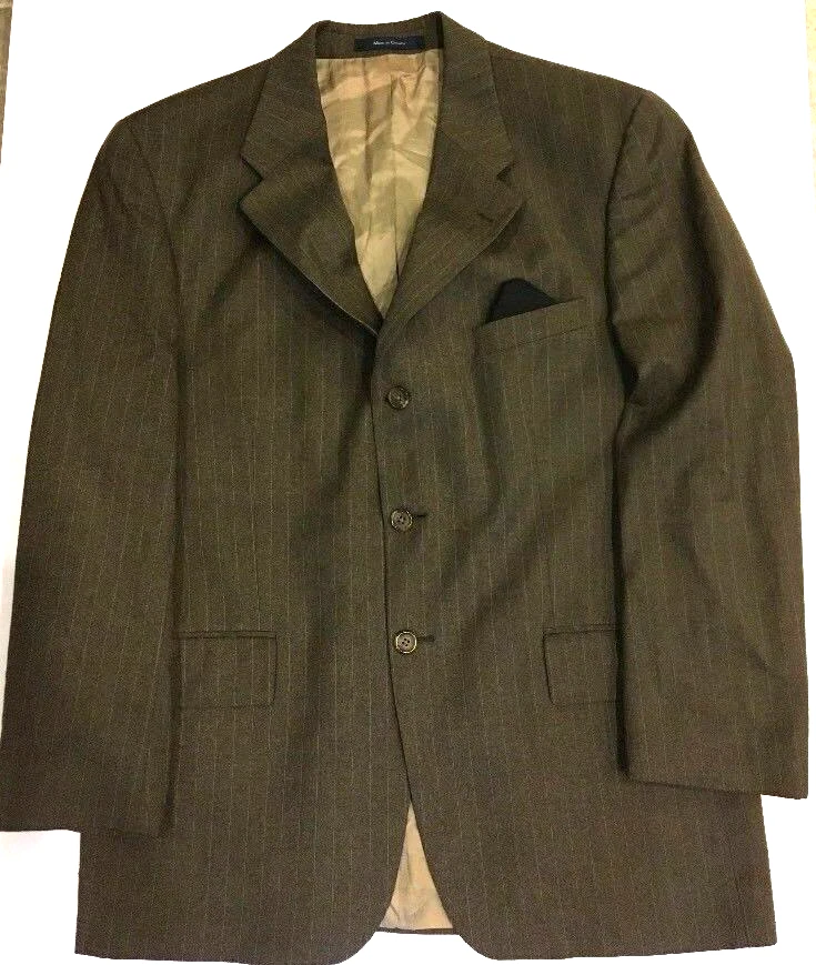 Ralph Lauren Chaps Macys Brown Wool Pinstripe Suit Jacket Mens 43 Pocket Square