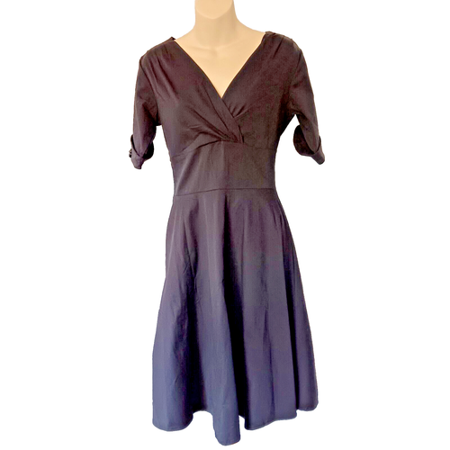 Roosy Black Vintage Inspired Retro Swing Dress Women's Small Cuffed Sleeves