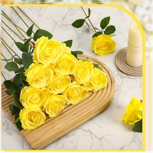 36 Pezzi Bouquet di Rose di Seta Fiori Artificiali da Sposa,Rosa Finta Stelo Lungo Giallo - Foto 6 di 7