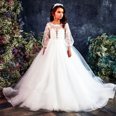 Ball Gown Bloomingdales First Communion Dresses White Lace First Communion Dress: Long Puffy Sleeve Tulle Gown Ball Gown Bloomingdales First Communion Dresses White Lace First Communion Dress: Long Puffy Sleeve Tulle Gown
