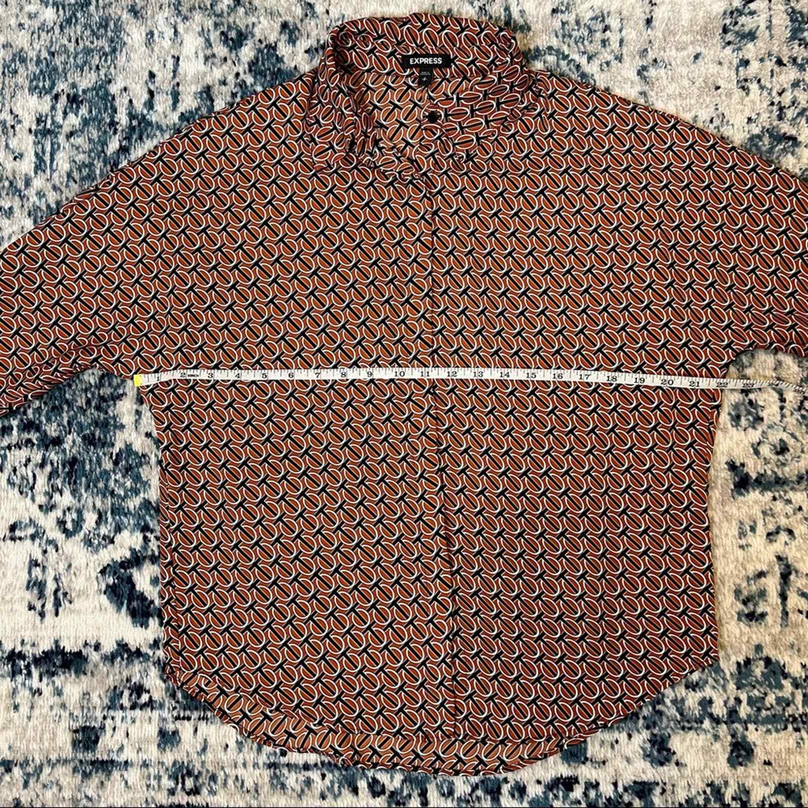 Express Orange Black Button Up Collared Geometric… - image 10