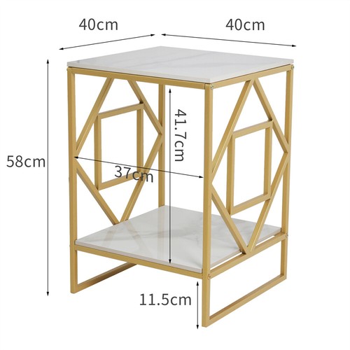 2 Tier Bed Side Accent Marble Table Living Room End Table Glossy Gold Nightstand - Picture 11 of 11