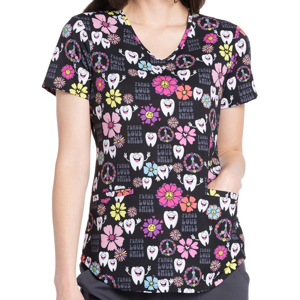 Cherokee Women's Dental Print Scrub V Neck Top 4XL Peace Love Smile - Image 2 of 4