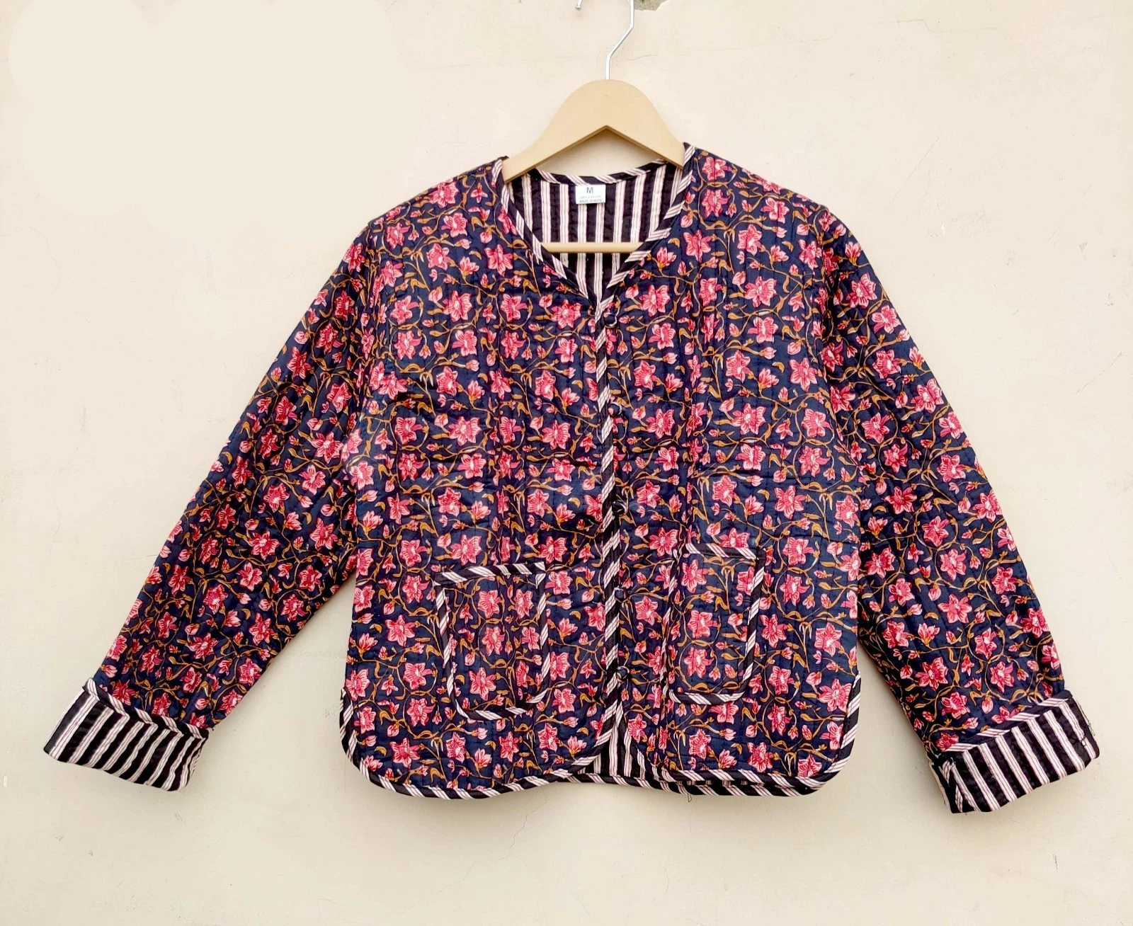 Indian Multi Floral Print Cotton Quilted Unisex Jacket Women Clothing Jackets US