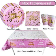 Girls Pink Gold Tableware set Plates Napkins tablecloth Birthday party supplies
