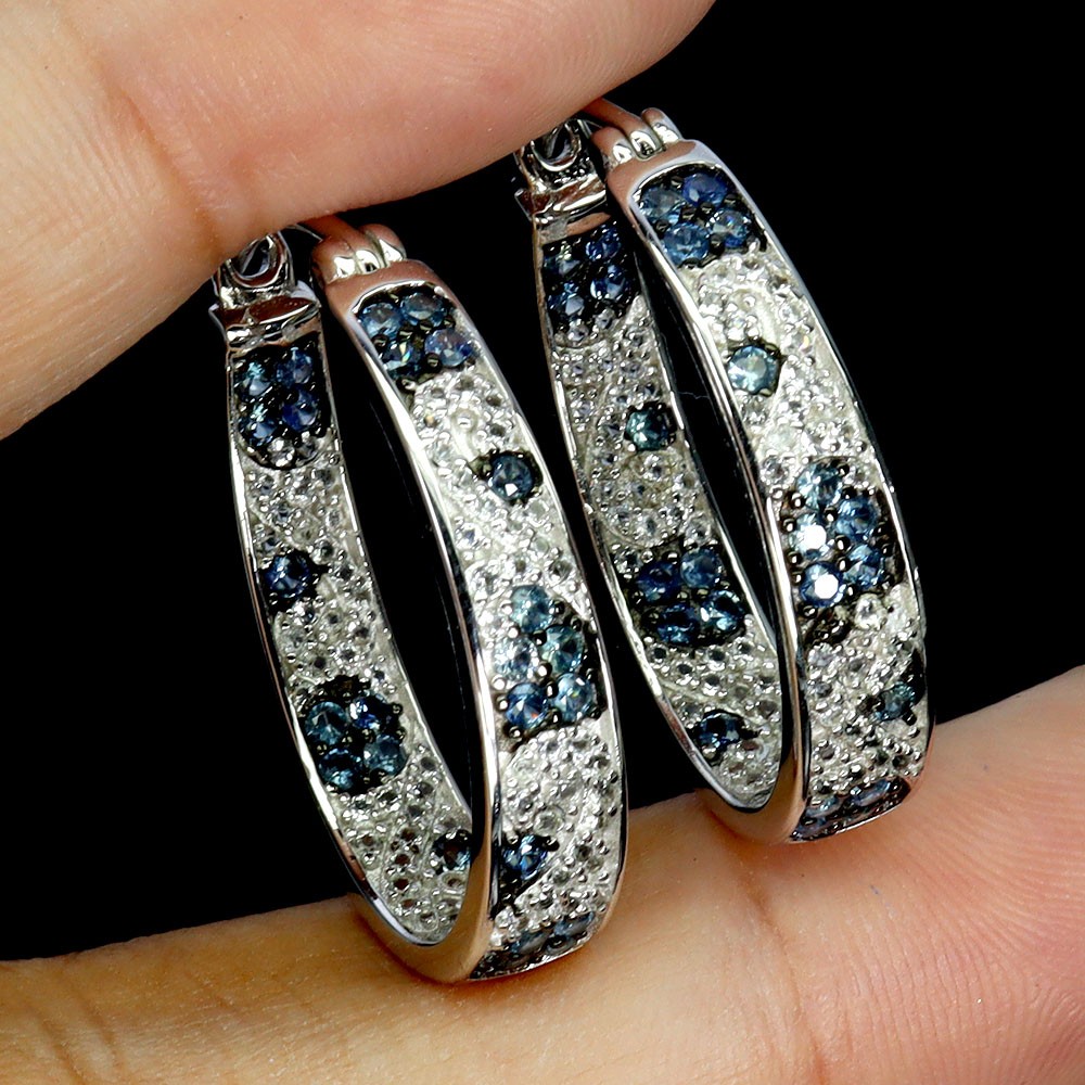 Boucles D'oreilles Argent 925 - Apatite Bleue, Saphir, Diamant, Pour Cadeaux Féminins