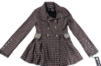 Karl Lagerfeld Paris Womens Wool Coat Jacket New XS Red Black Plaid Pearl Studds