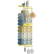 Golden 35 inch Towel Rack Wall Mounted with Metal Shelf W/10 Hooks Modern Sleek