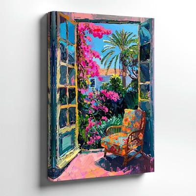 Wall Art Colorful Garden View Through Open Window Floral Chair Tropical Painting