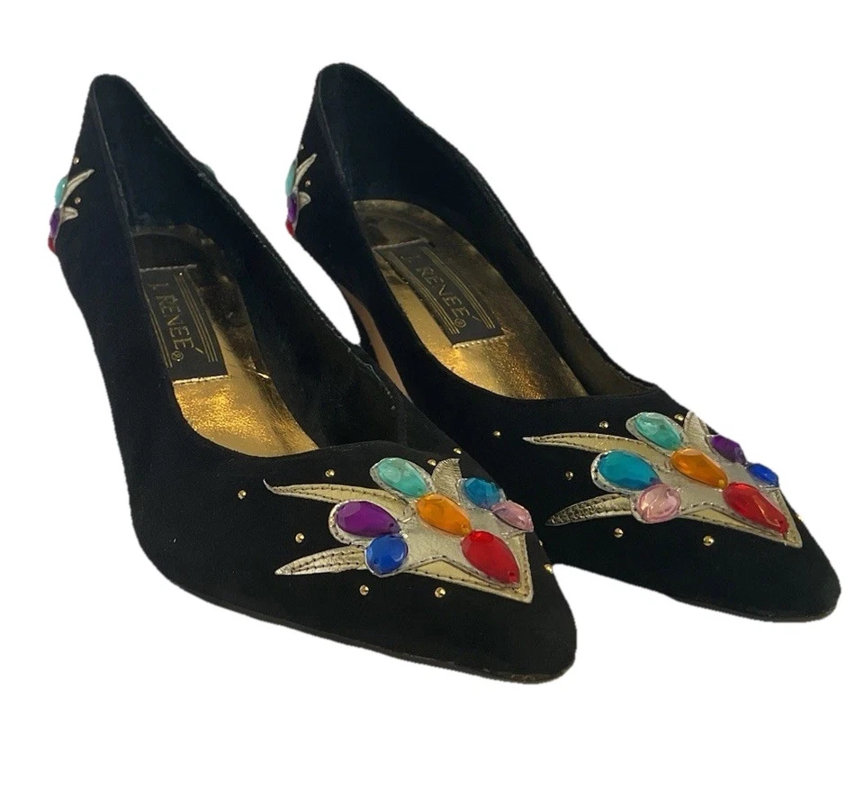 Vintage 80s J Renee Heels Shoes 7 N Black Suede Gold Embroidered Jeweled - Image 3 of 4