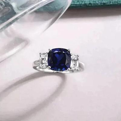 3Ct Cushion Cut Lab-Created Blue Sapphire Engagement Ring 14K White Gold Plated